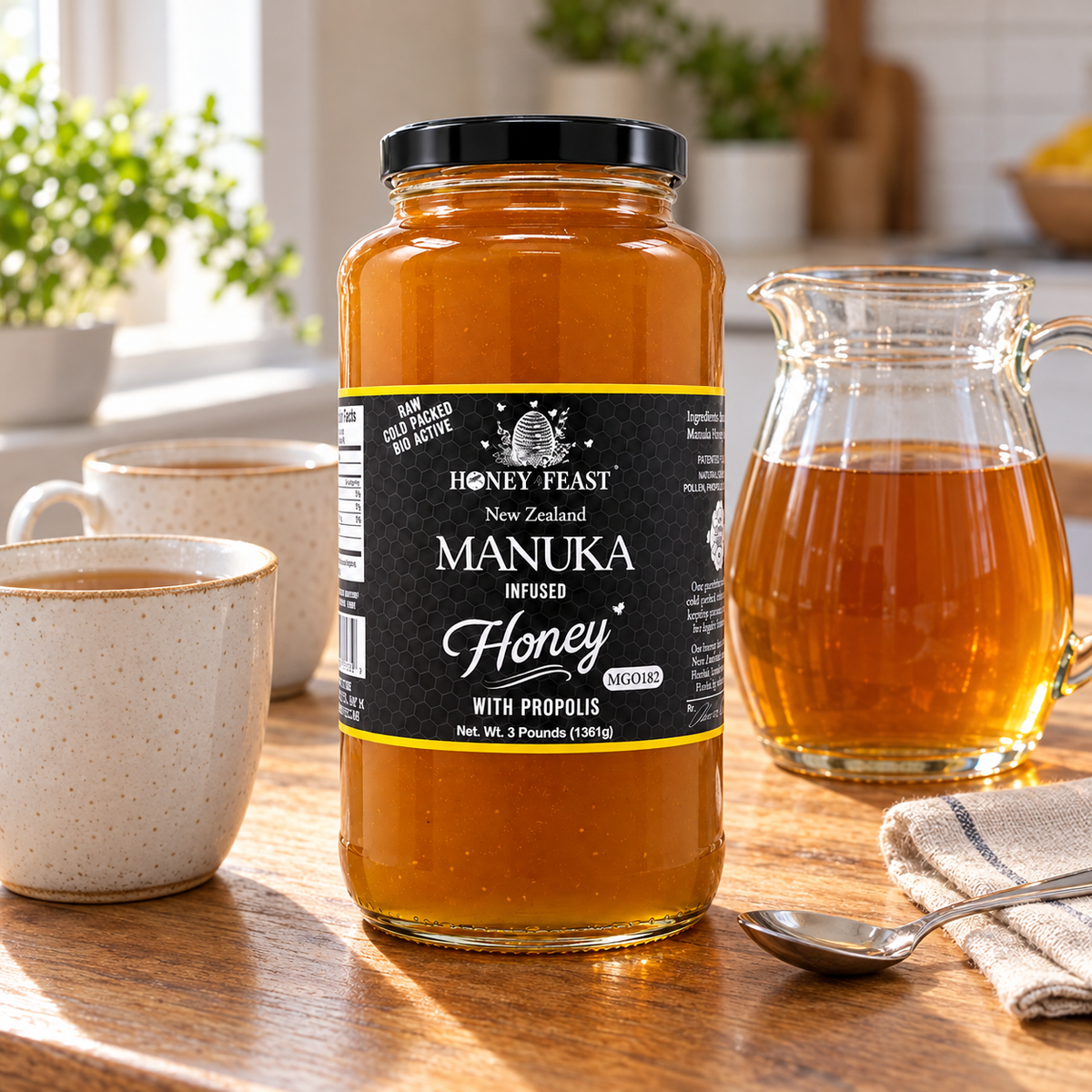 Honey Feast Manuka Infused Honey with Propolis – 3lb Glass Jar beside a tea pitcher and two mugs