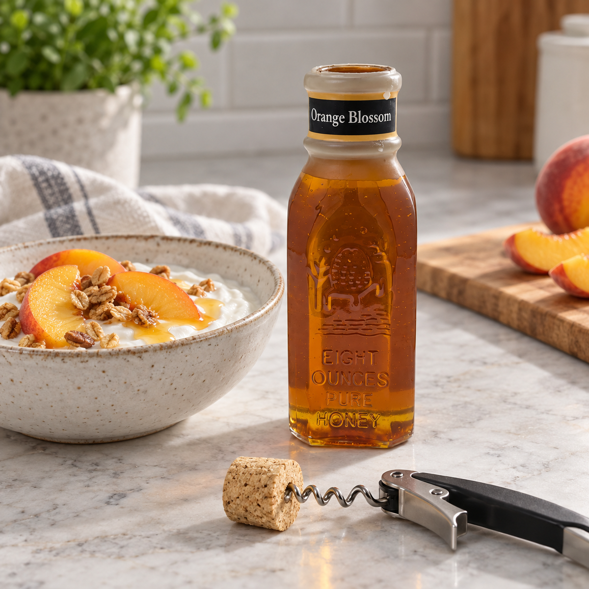 Honey Feast Orange Blossom Honey 8oz Muth jar open beside food, with its removed tapered cork on a wine corkscrew.