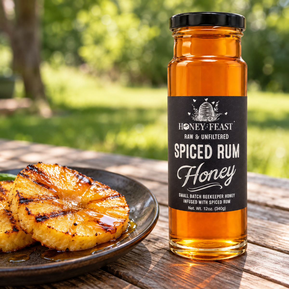 Honey Feast Spiced Rum Honey in a 12oz glass jar — Pineapple