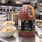 Honey Feast Manuka Infused with Propolis 6lb bulk honey in a frosted HDPE plastic jug with the handle on the right, commercial oatmeal prep.