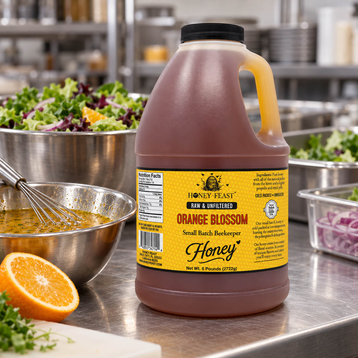 Honey Feast Orange Blossom 6lb bulk honey in a frosted HDPE plastic jug with the handle on the right, commercial vinaigrette prep.