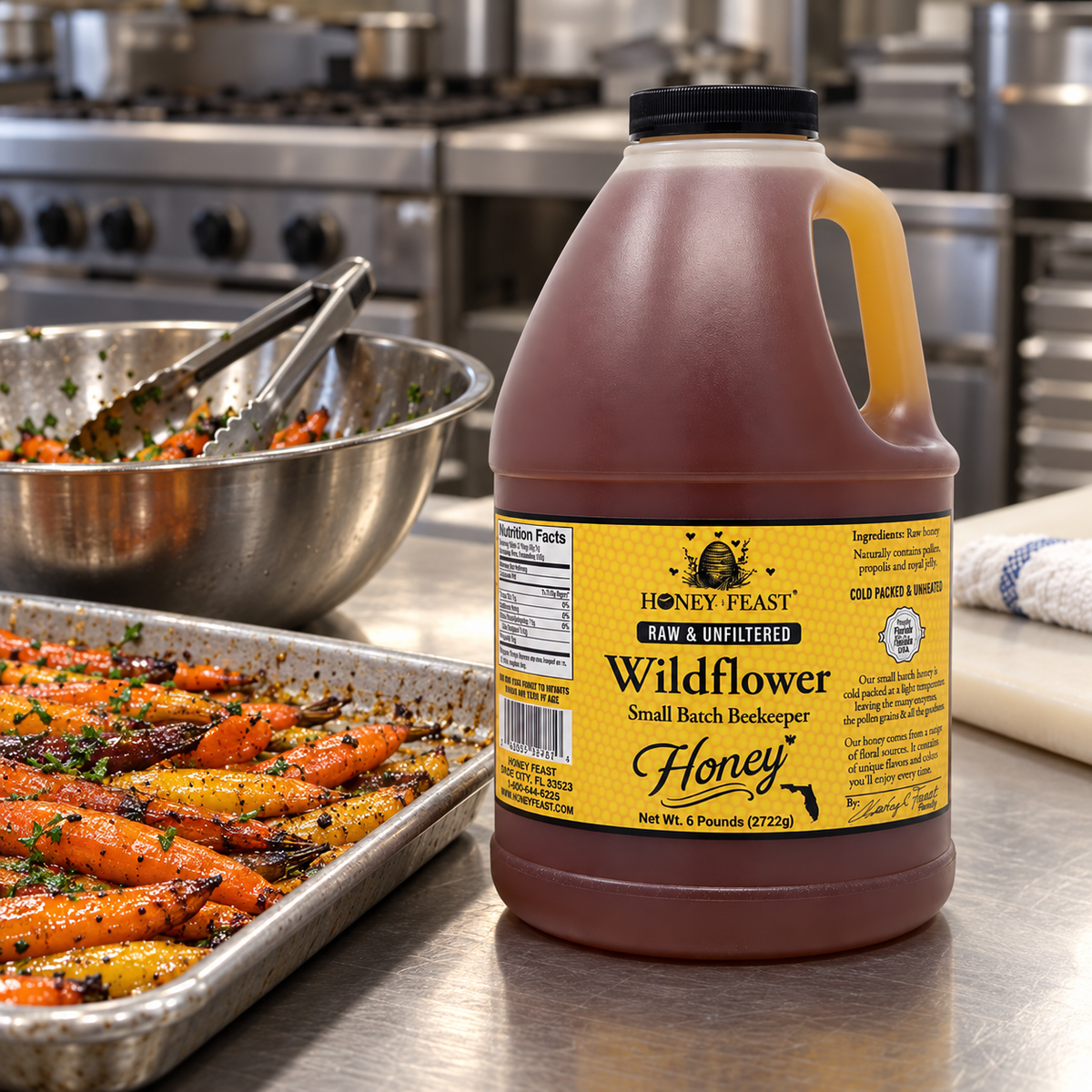 Honey Feast Wildflower 6lb bulk honey in a frosted HDPE plastic jug with the handle on the right, commercial vegetable prep.