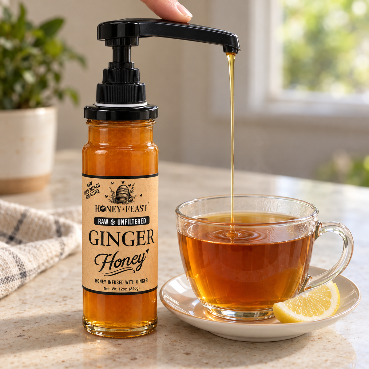 Ginger honey dispensed into tea with the optional honey pump, sold separately