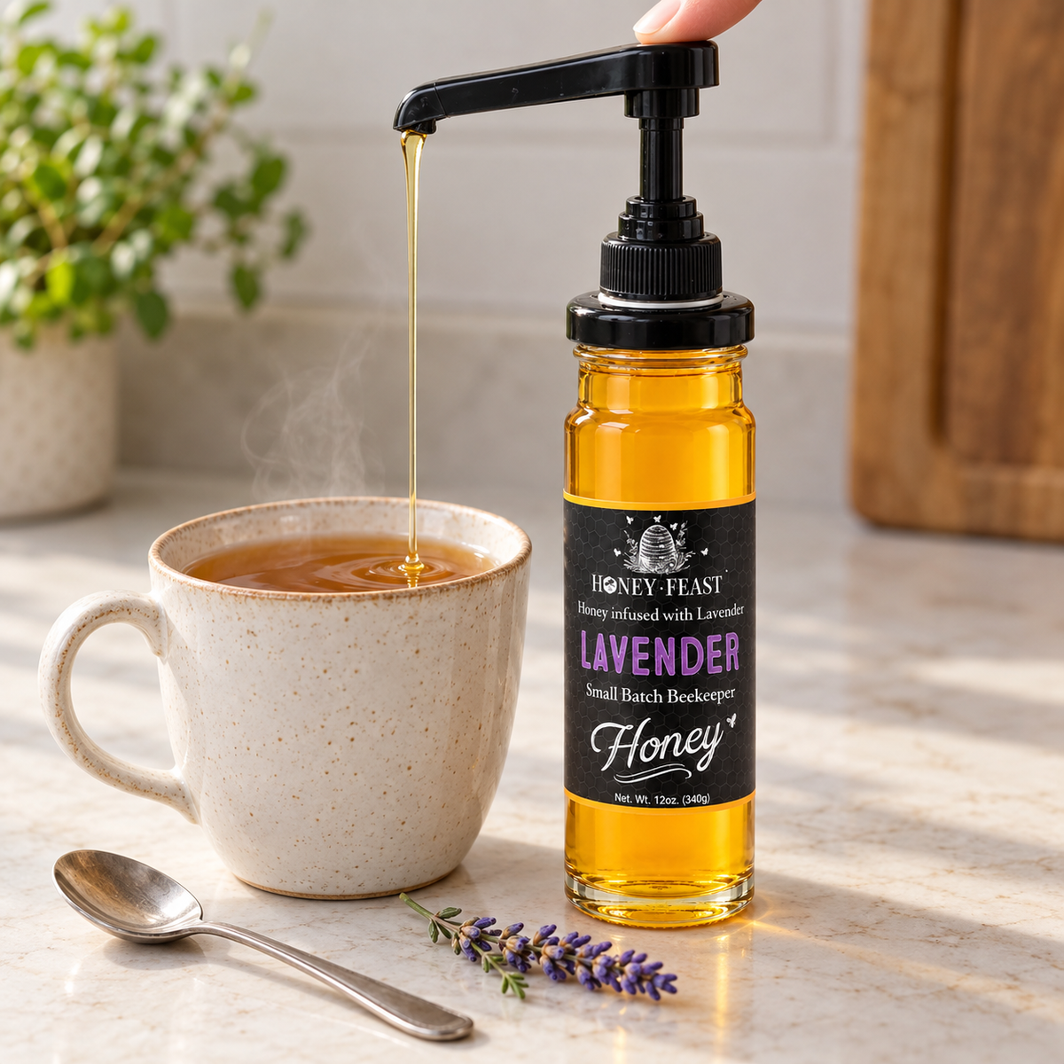 Honey Feast Lavender Honey 12oz glass jar — Pump Tea; optional pump sold separately