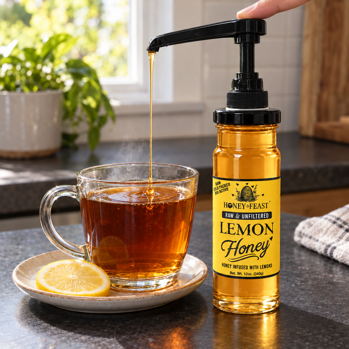 Honey Feast Lemon Honey in a 12oz glass jar — Pump Tea; optional pump sold separately
