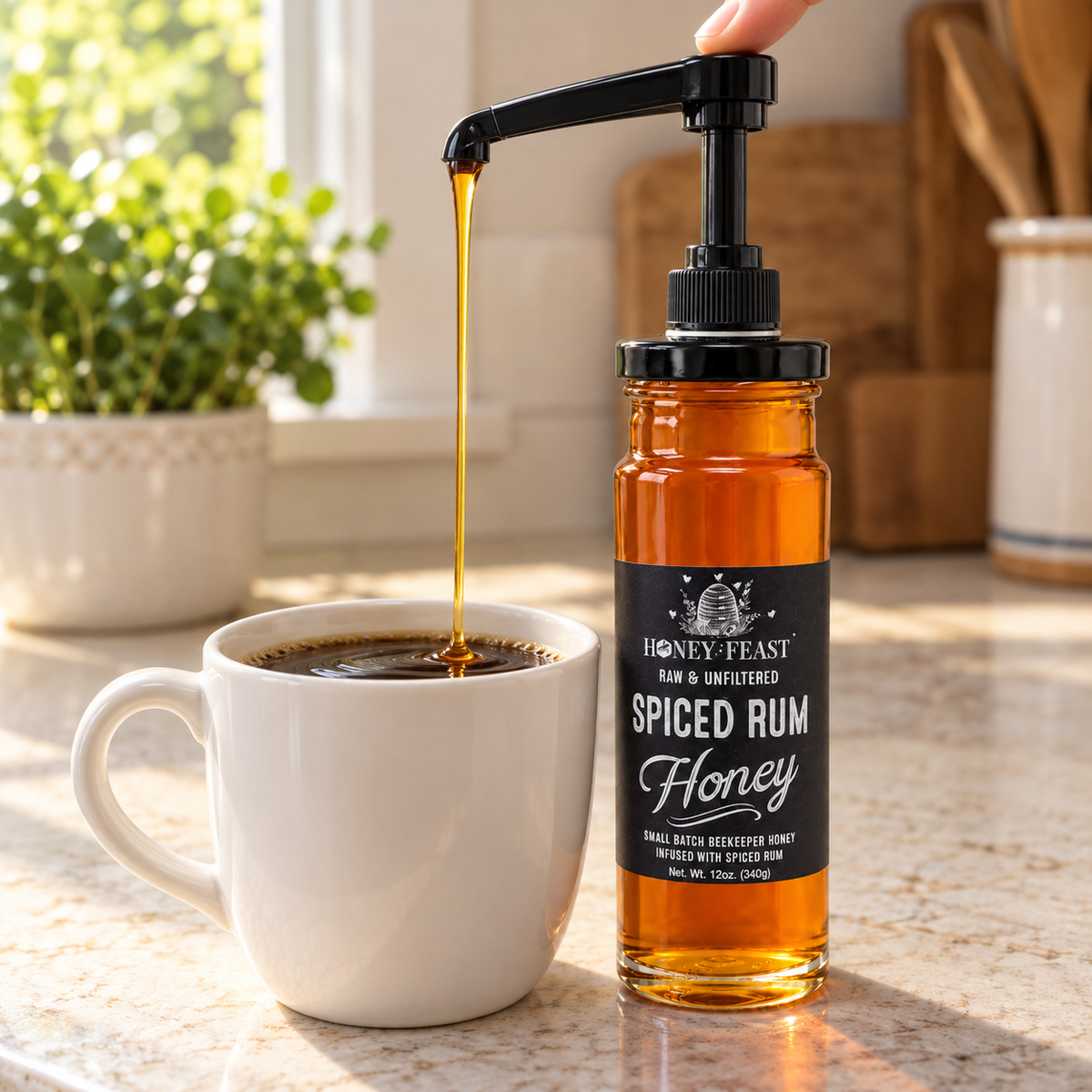 Honey Feast Spiced Rum Honey in a 12oz glass jar — Pump Coffee; optional pump sold separately