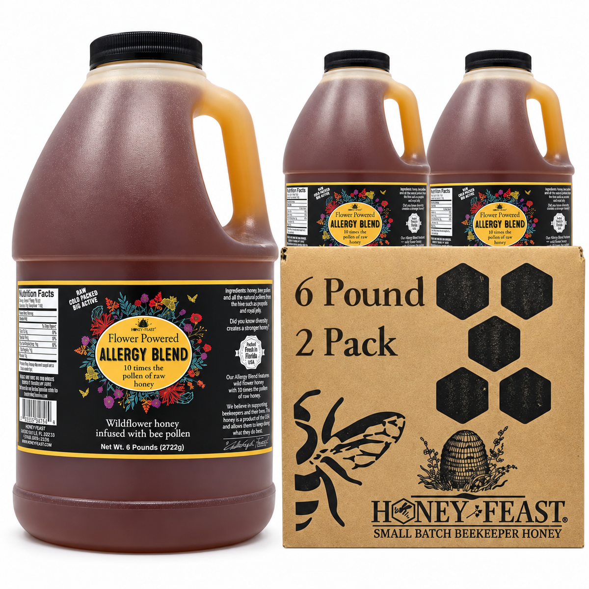 Honey Feast Allergy Blend honey 2-pack of 6lb frosted HDPE plastic jugs with wide black screw caps, shown with the branded shipping carton on a white background.