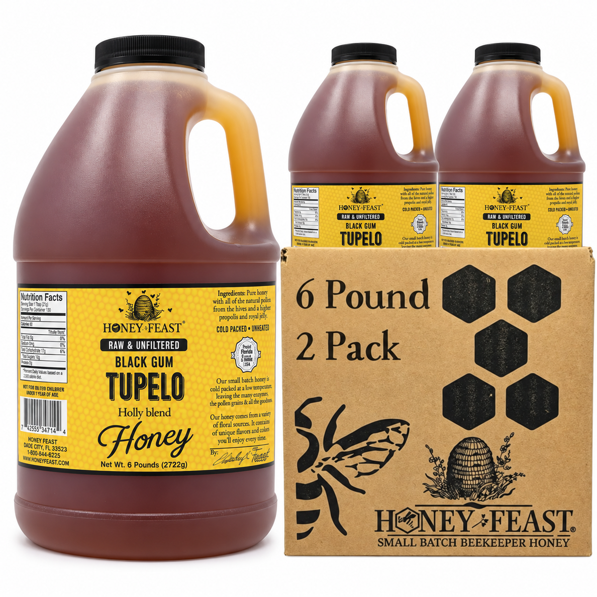 Honey Feast Black Gum Tupelo honey 2-pack of 6lb frosted HDPE plastic jugs with wide black screw caps, shown with the branded shipping carton on a white background.