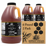 Honey Feast Manuka Infused with Propolis honey 2-pack of 6lb frosted HDPE plastic jugs with wide black screw caps, shown with the branded shipping carton on a white background.