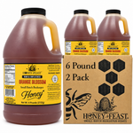 Honey Feast Orange Blossom honey 2-pack of 6lb frosted HDPE plastic jugs with wide black screw caps, shown with the branded shipping carton on a white background.