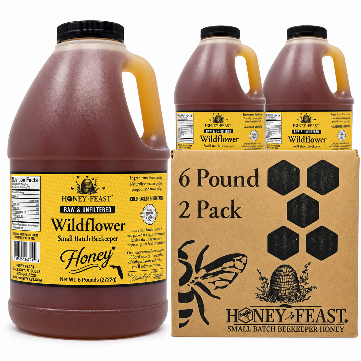 Honey Feast Wildflower honey 2-pack of 6lb frosted HDPE plastic jugs with wide black screw caps, shown with the branded shipping carton on a white background.