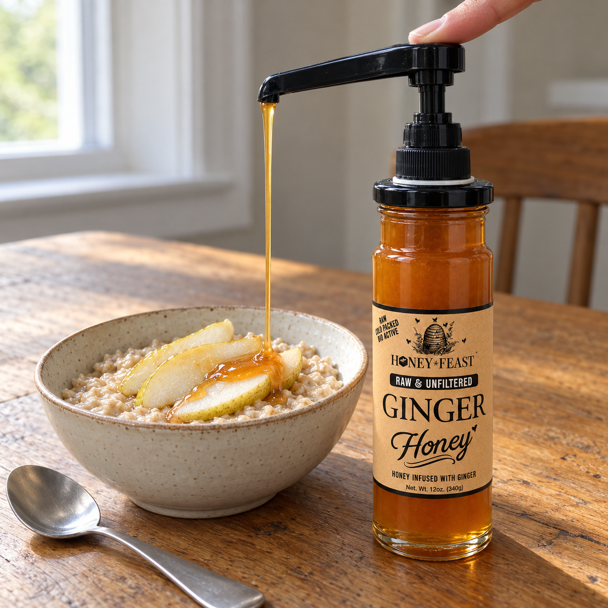 Ginger honey dispensed over pear oatmeal with the optional honey pump, sold separately