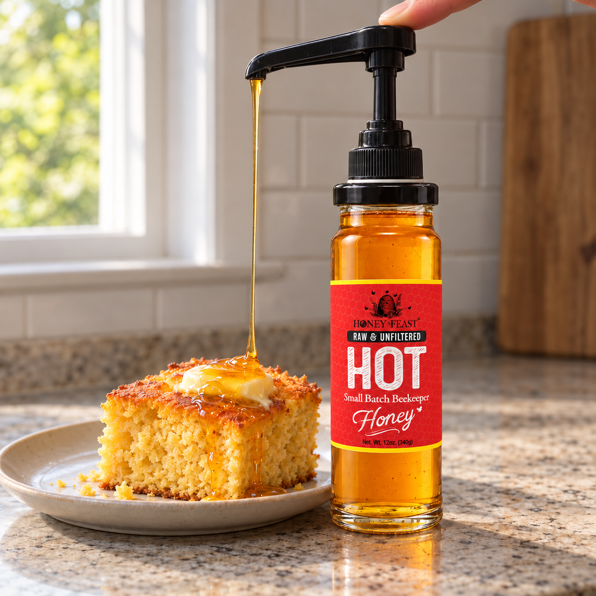 Hot Honey glass jar with an optional pump dispensing honey onto cornbread; pump sold separately