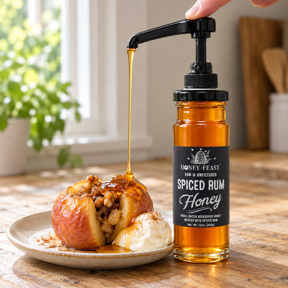 Honey Feast Spiced Rum Honey in a 12oz glass jar — Pump Baked Apple; optional pump sold separately