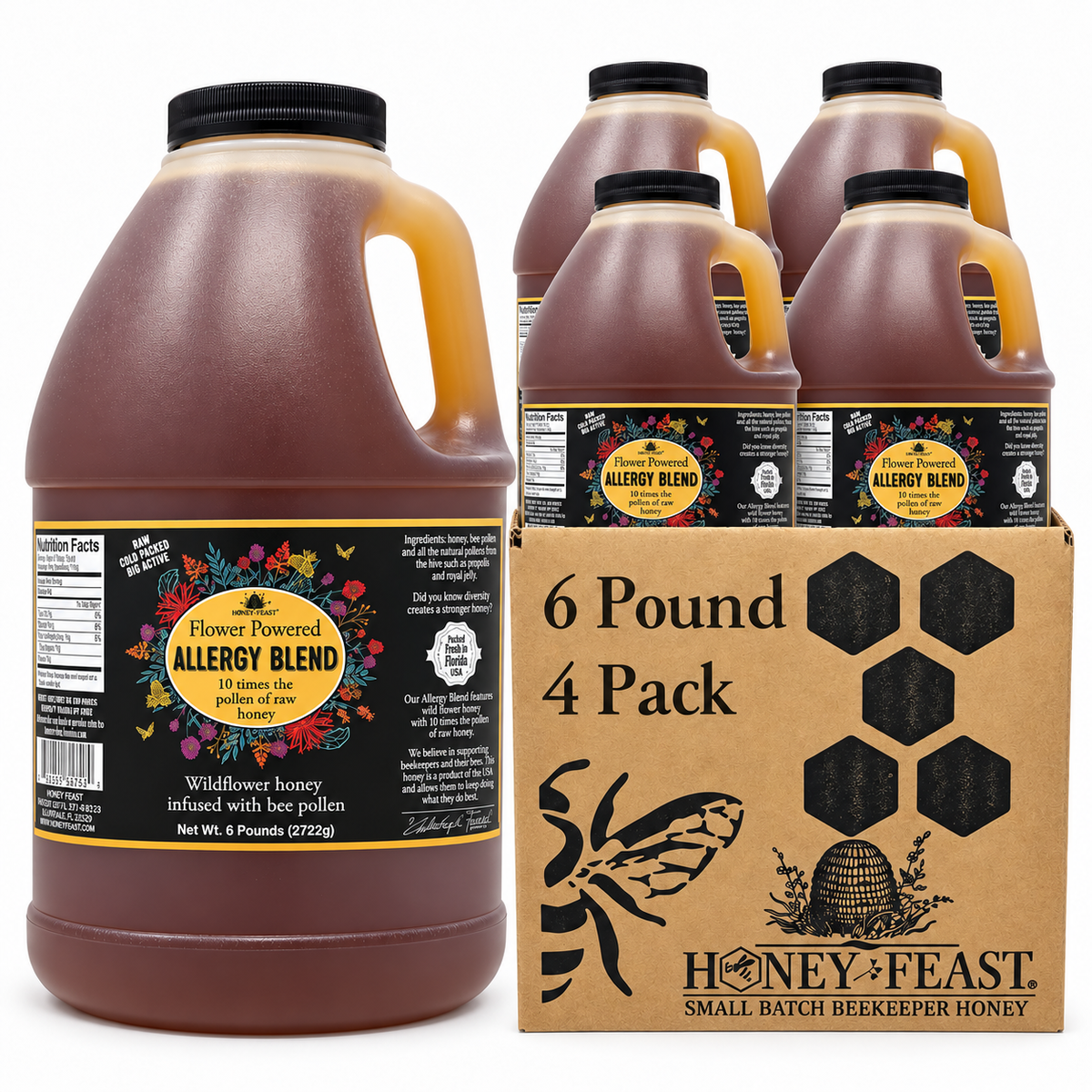 Honey Feast Allergy Blend honey 4-pack of 6lb frosted HDPE plastic jugs with wide black screw caps, shown with the branded shipping carton on a white background.