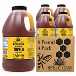 Honey Feast Black Gum Tupelo honey 4-pack of 6lb frosted HDPE plastic jugs with wide black screw caps, shown with the branded shipping carton on a white background.