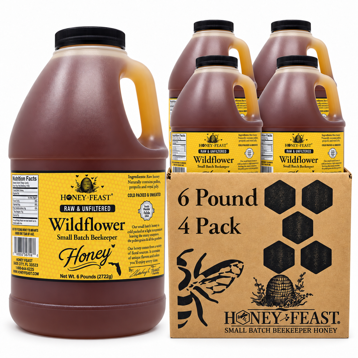 Honey Feast Wildflower honey 4-pack of 6lb frosted HDPE plastic jugs with wide black screw caps, shown with the branded shipping carton on a white background.
