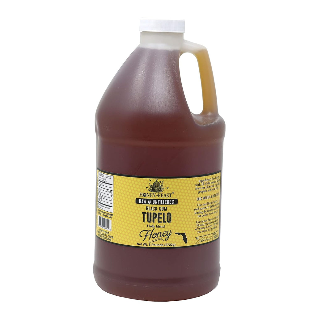 Honey Feast Tupelo Honey - 6lb Black Gum Tupelo & Holly Blend, Raw Honey Bulk, Pure Honey