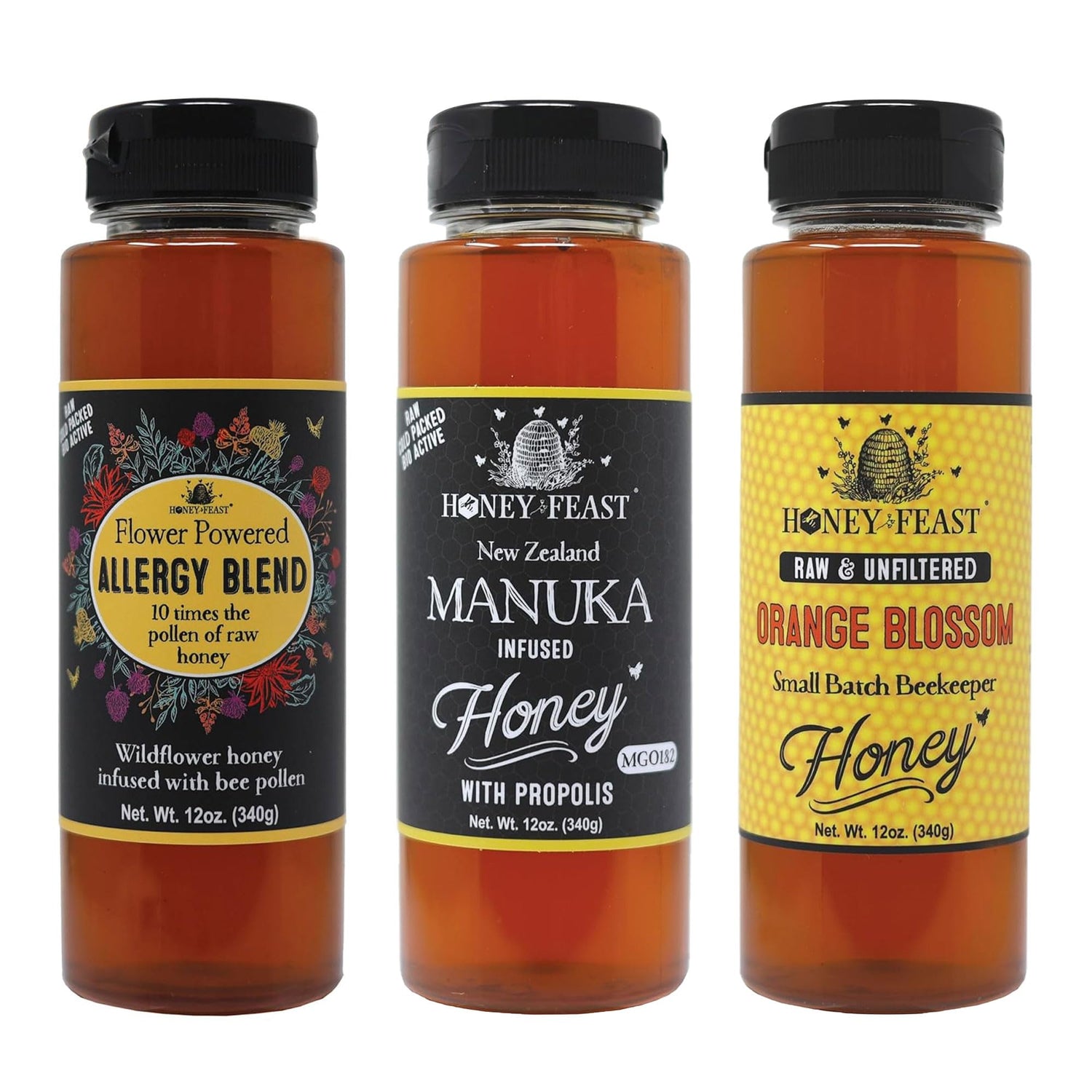 Wellness Trio – Includes 12oz Allergy Blend, Manuka Infused with Propolis, and Orange Blossom Honey