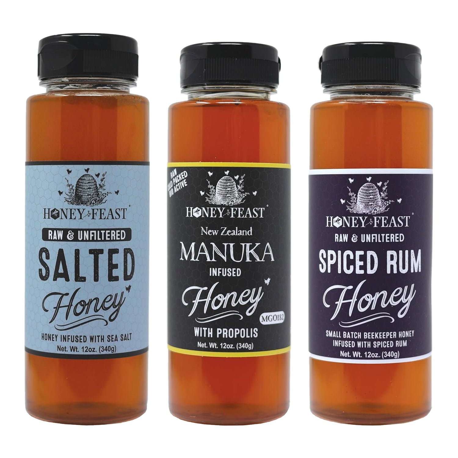 Gourmet Trio for the Grill – Includes 12oz Salted, Manuka Infused with Propolis, and Spiced Rum Honey