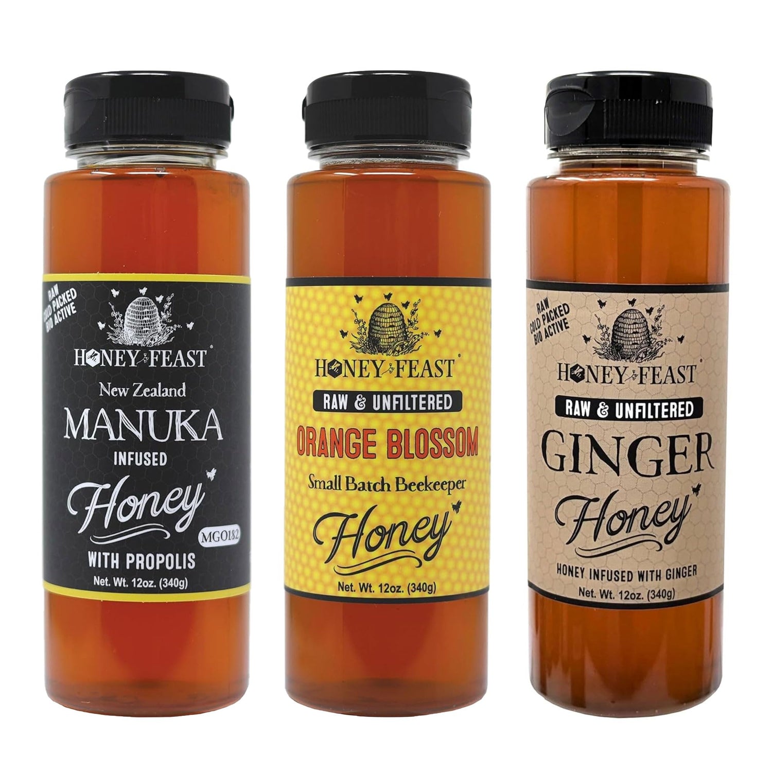 Best Sellers Trio – Includes 12oz Manuka Infused with Propolis, Orange Blossom, and Ginger Honey