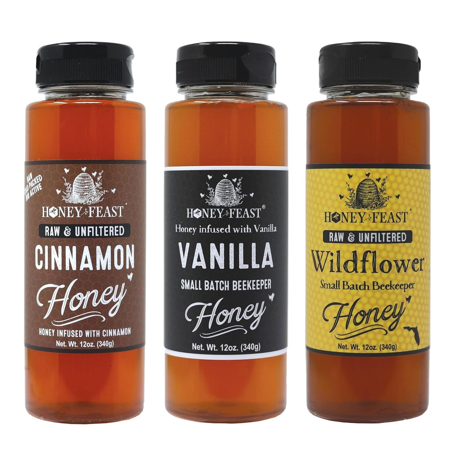 Coffee Lovers Honey Trio – Includes 12oz Cinnamon, Vanilla, and Wildflower Honey