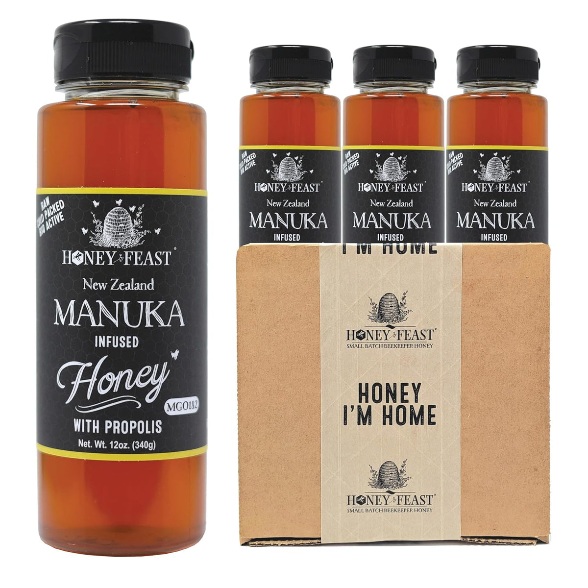 Manuka and propolis infused honey 12oz 3-pack — three 12oz plastic jars