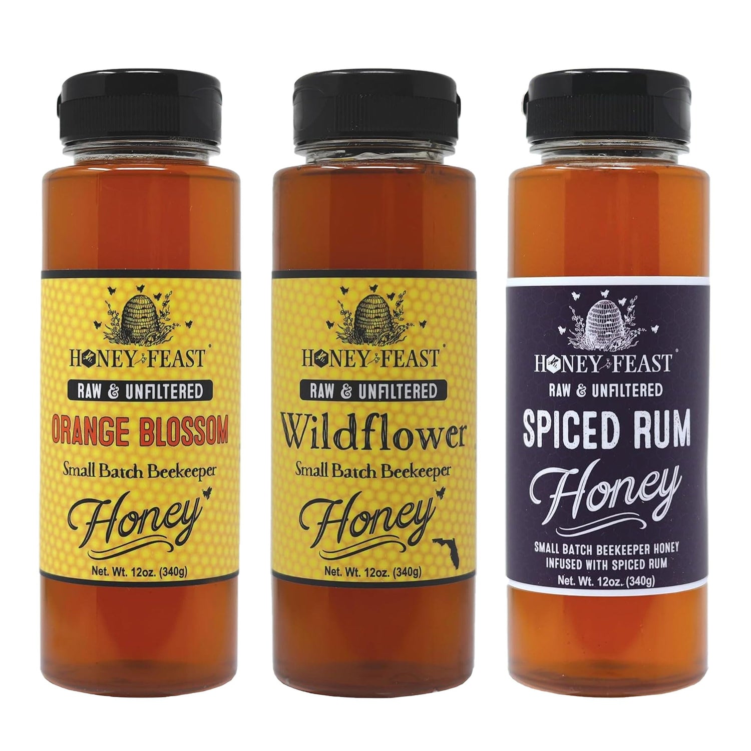 Dessert Honey Trio – Includes 12oz Orange Blossom, Wildflower, and Spiced Rum