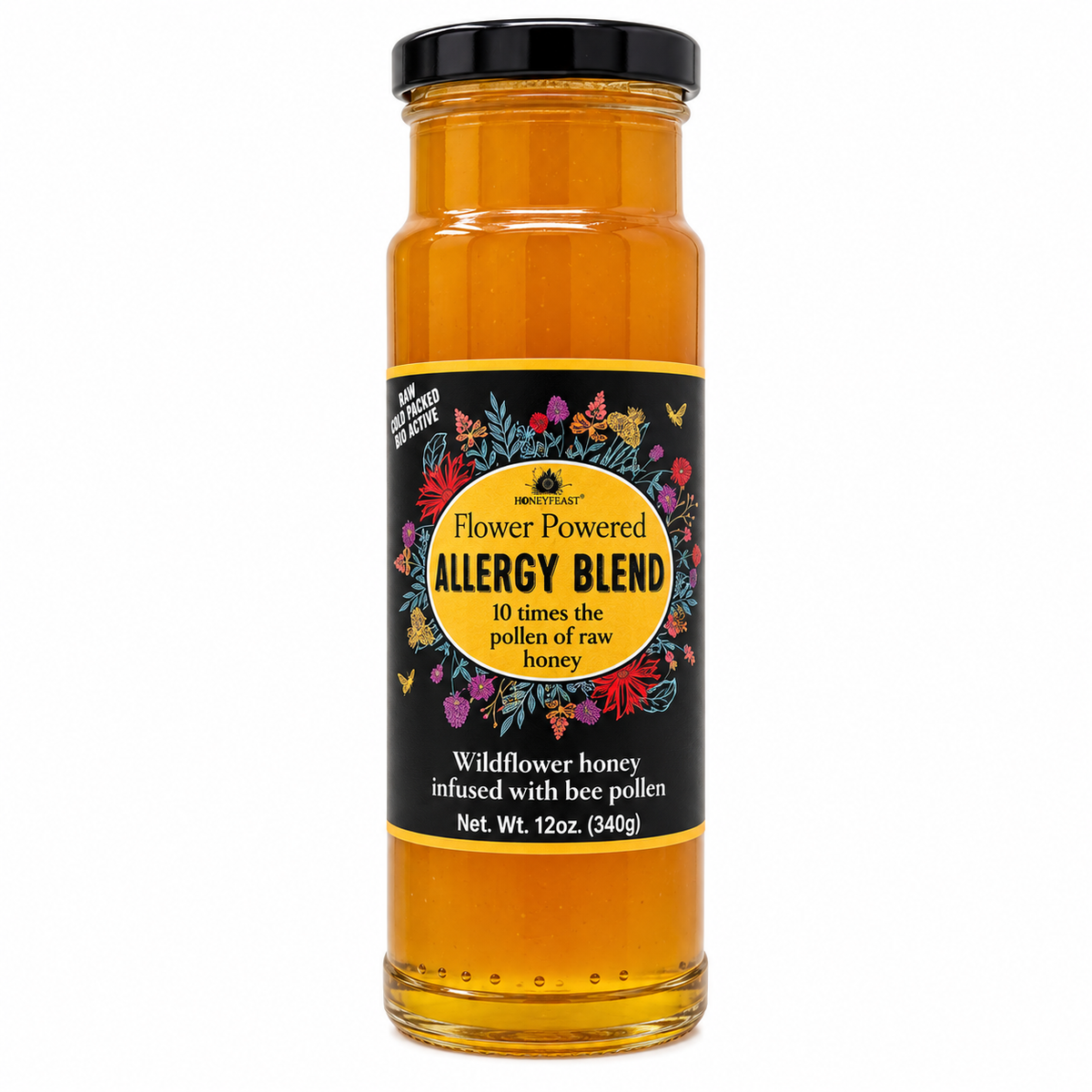 Honey Feast Allergy Blend Honey in a 12oz glass jar with black lid
