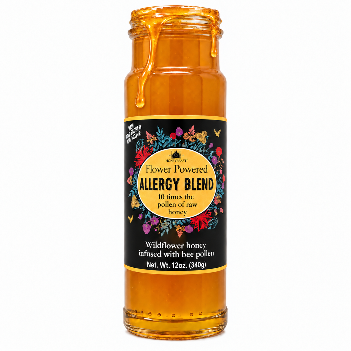 Honey Feast Allergy Blend Honey in an open 12oz glass jar with honey dripping down the side