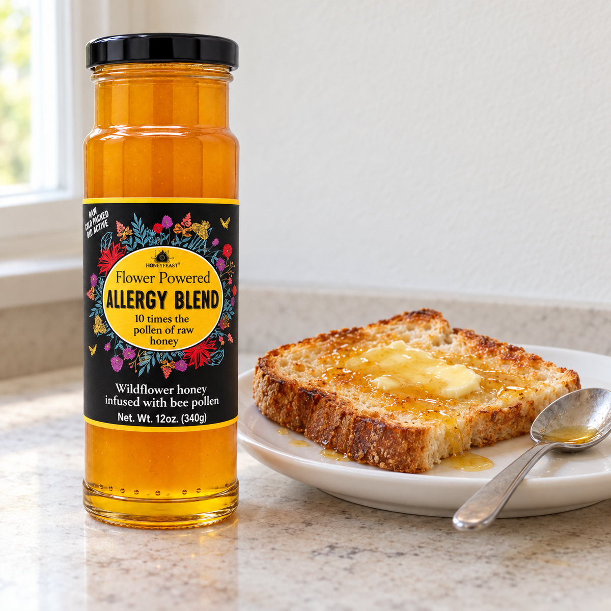 Honey Feast Allergy Blend Honey 12oz glass jar served with toast