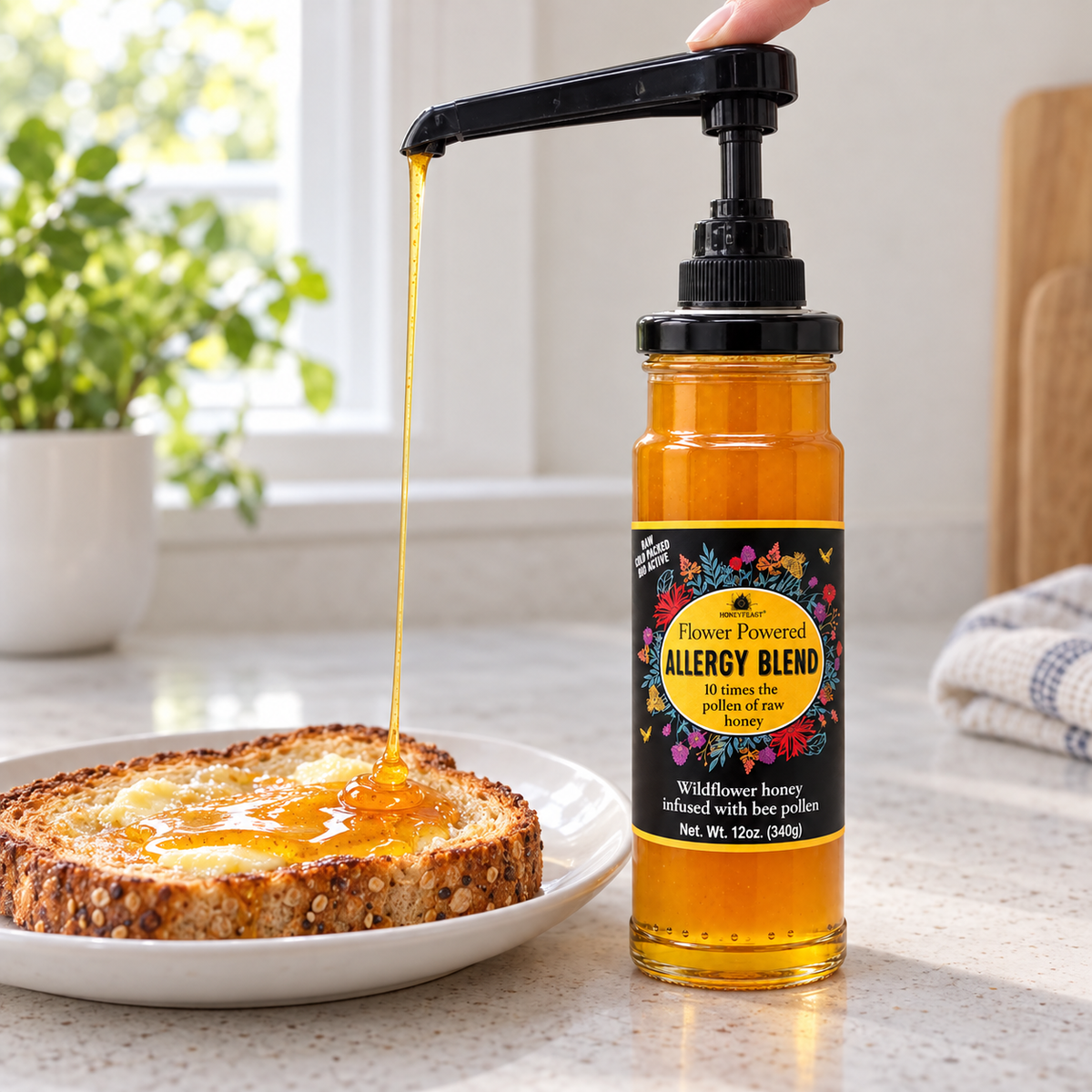 Honey Feast Allergy Blend Honey 12oz glass jar with optional honey pump beside toast; pump sold separately