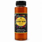 Honey Feast Allergy Blend Honey in a 12oz plastic squeeze bottle with black flip-top cap on a white background