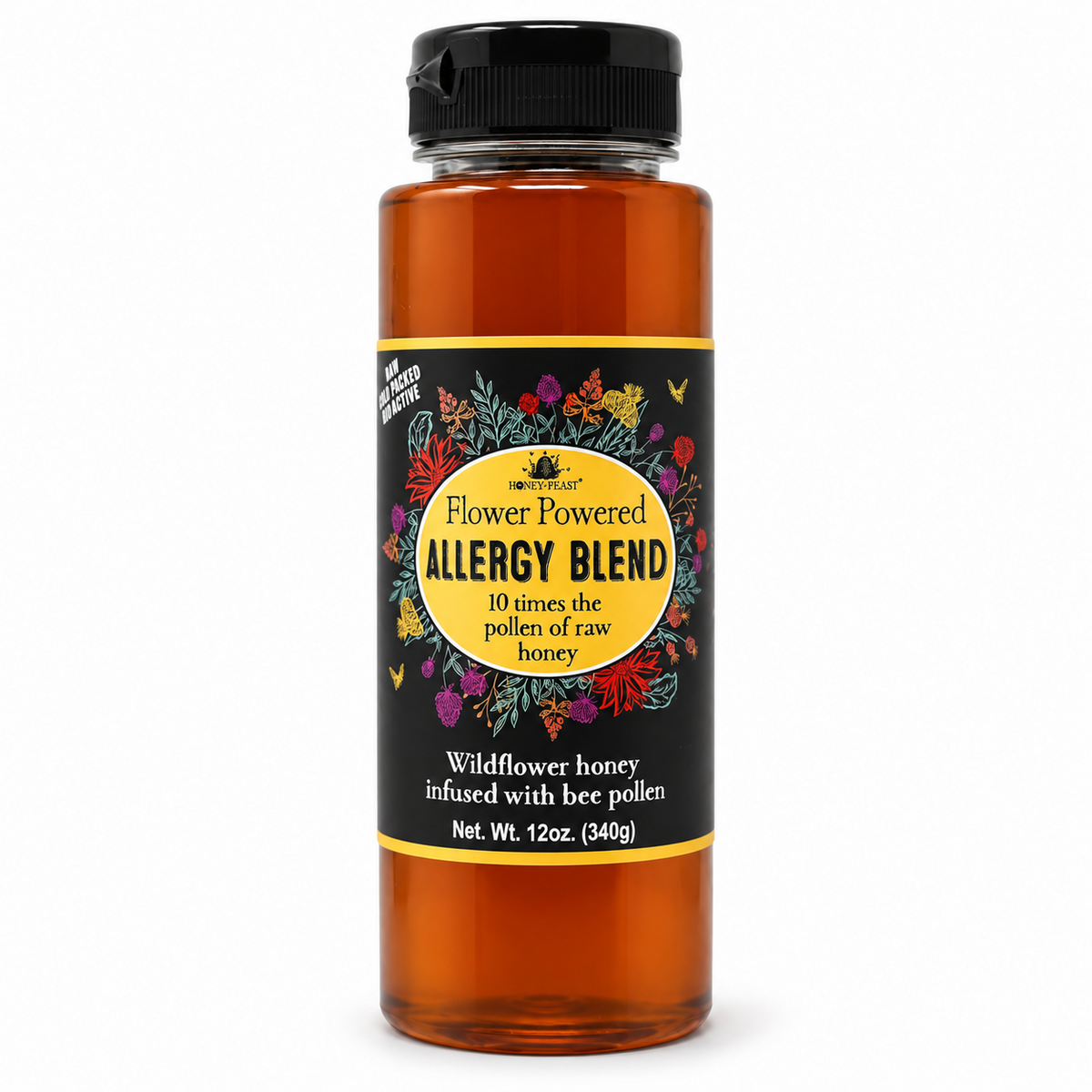 Honey Feast Allergy Blend Honey in a 12oz plastic squeeze bottle with black flip-top cap on a white background