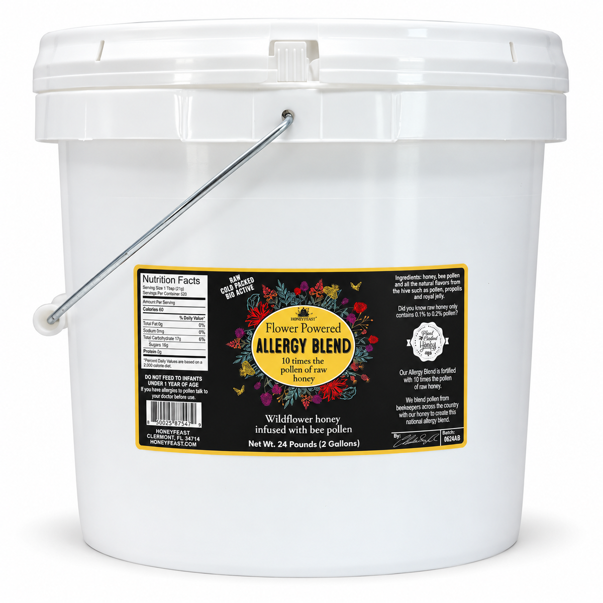 Honey Feast Allergy Blend Honey, 2-gallon bucket containing 24 pounds of honey, front view on a white background.