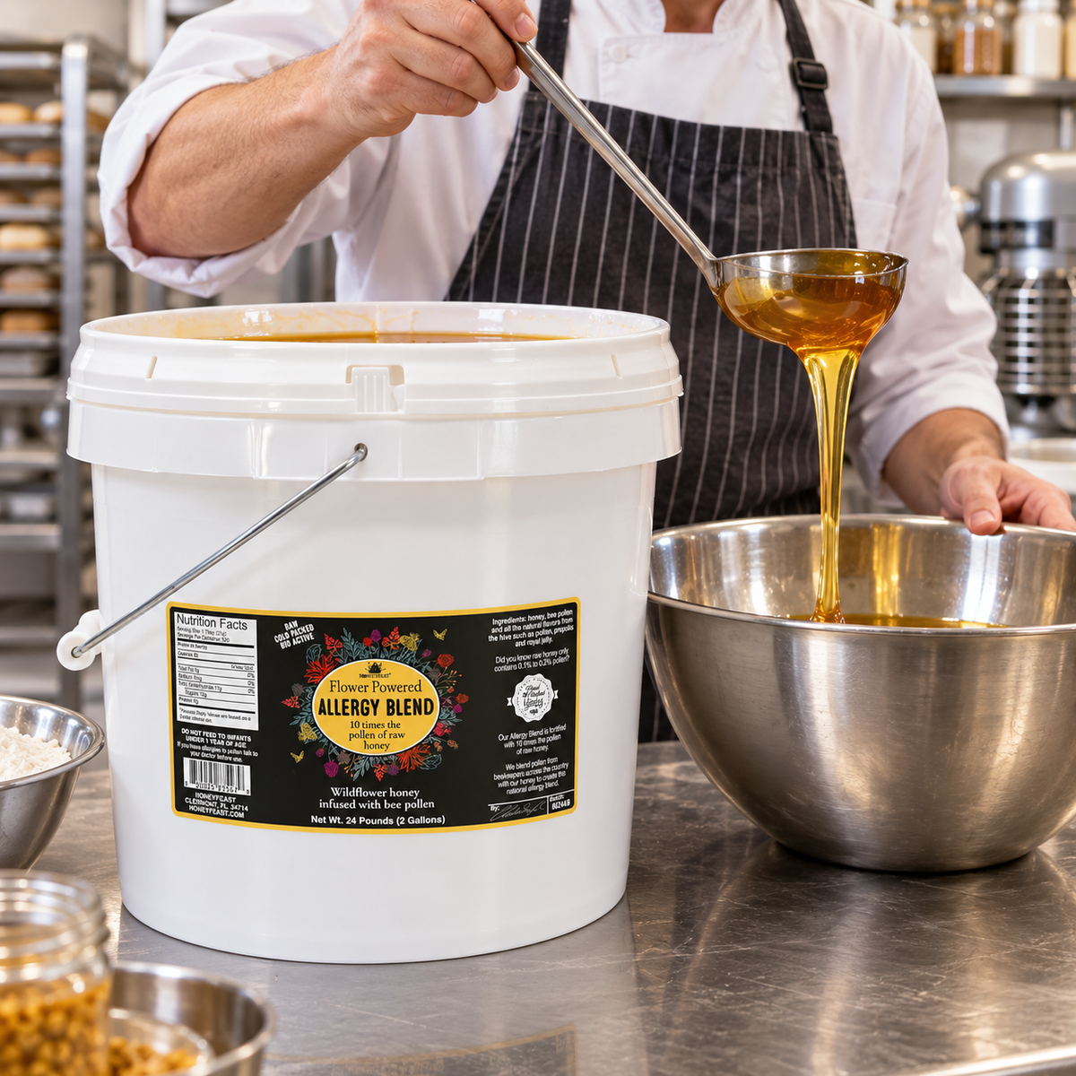 Honey Feast Allergy Blend Honey 2-gallon bucket beside a cook ladling honey into a stainless steel mixing bowl in a commercial kitchen.