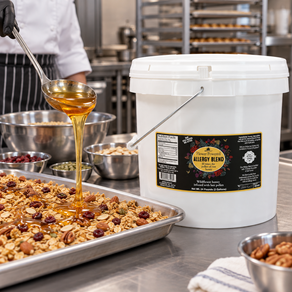 Honey Feast Allergy Blend Honey 2-gallon bucket beside a stainless steel sheet pan of granola with honey being poured from a ladle.