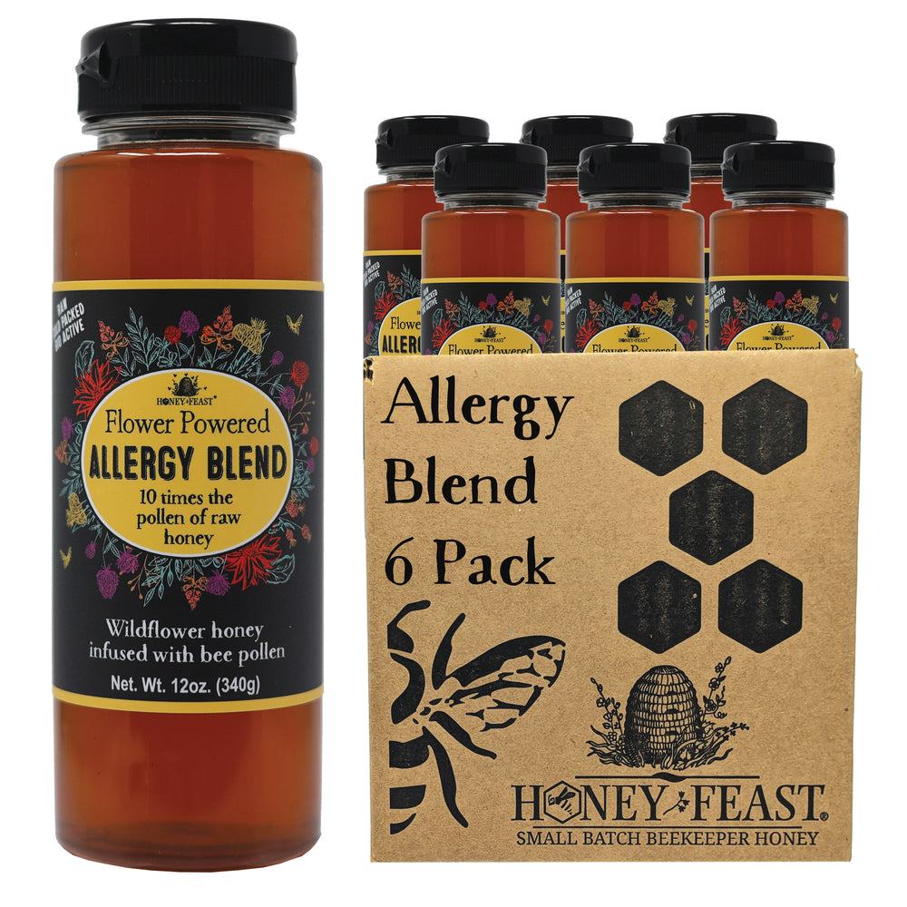 HONEY FEAST Bulk Case Allergy Blend Honey, 12oz Jars (6-Pack) - Artisanal Honey, Raw & Unfiltered, Enhanced Pollen, Florida Beekeepers' Craft