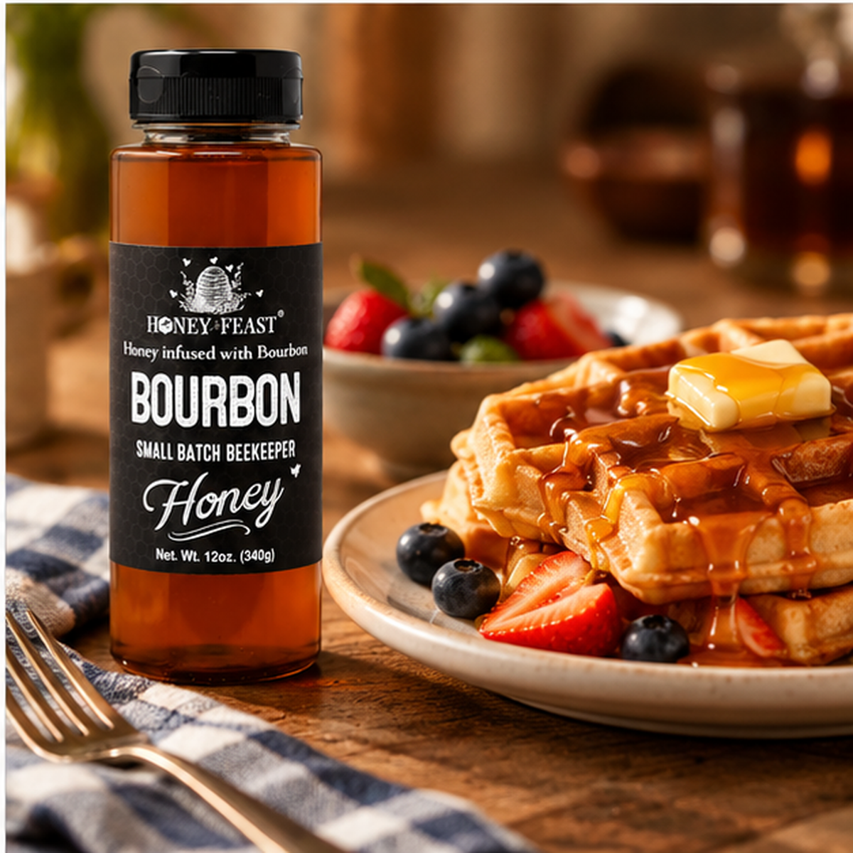 Honey Feast Bourbon Honey 12oz plastic bottle beside waffles, berries and honey