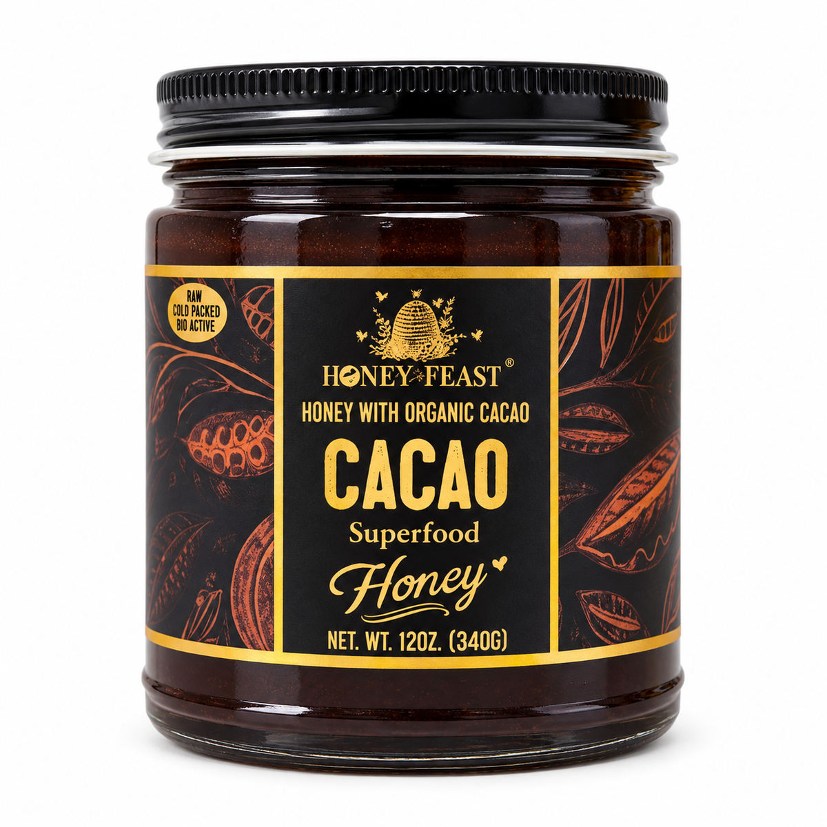 Honey Feast honey with organic cacao in a 12oz glass jar with black lid on a white background