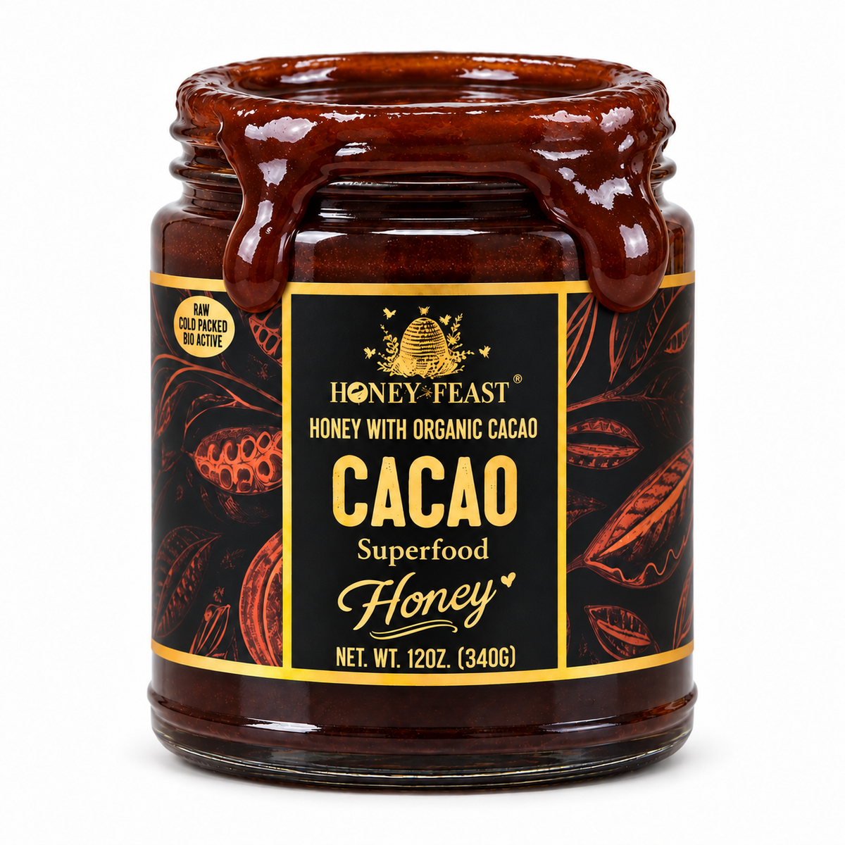 Open 12oz glass jar of Honey Feast cacao honey with thick chocolate-colored honey flowing over the rim
