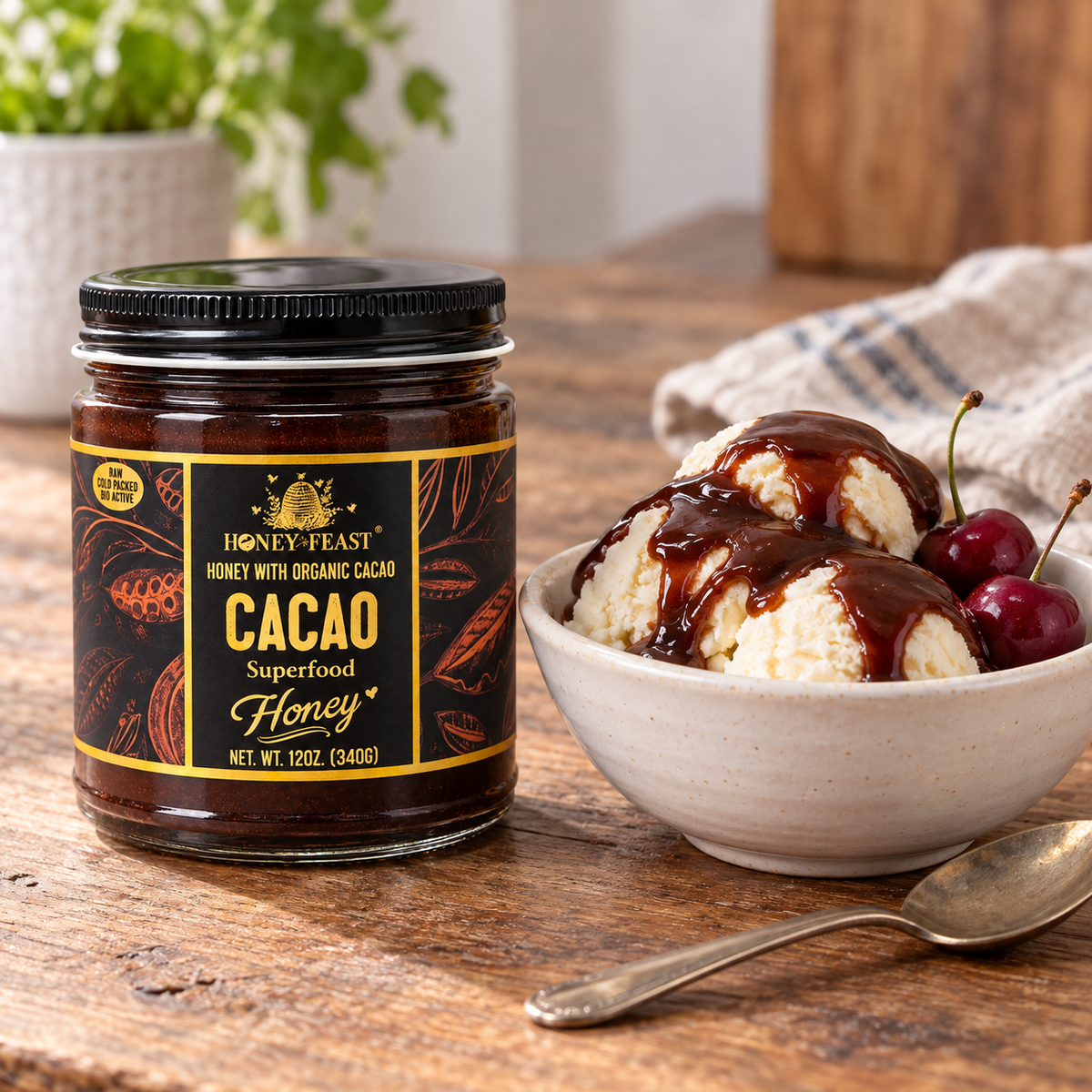 Honey Feast cacao honey 12oz glass jar beside vanilla ice cream topped with cacao honey and berries