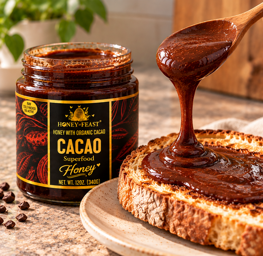 Thick Honey Feast cacao honey slowly flowing from a spoon onto toast beside an open 12oz glass jar