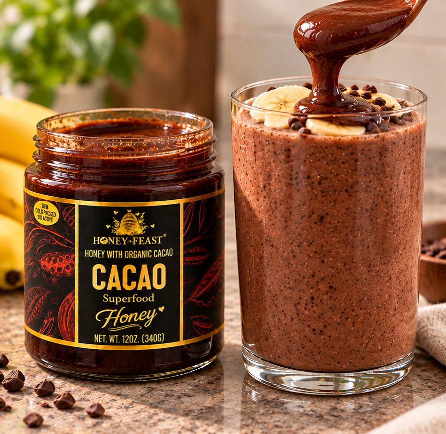 Thick Honey Feast cacao honey spooned onto a chocolate banana smoothie beside an open 12oz glass jar