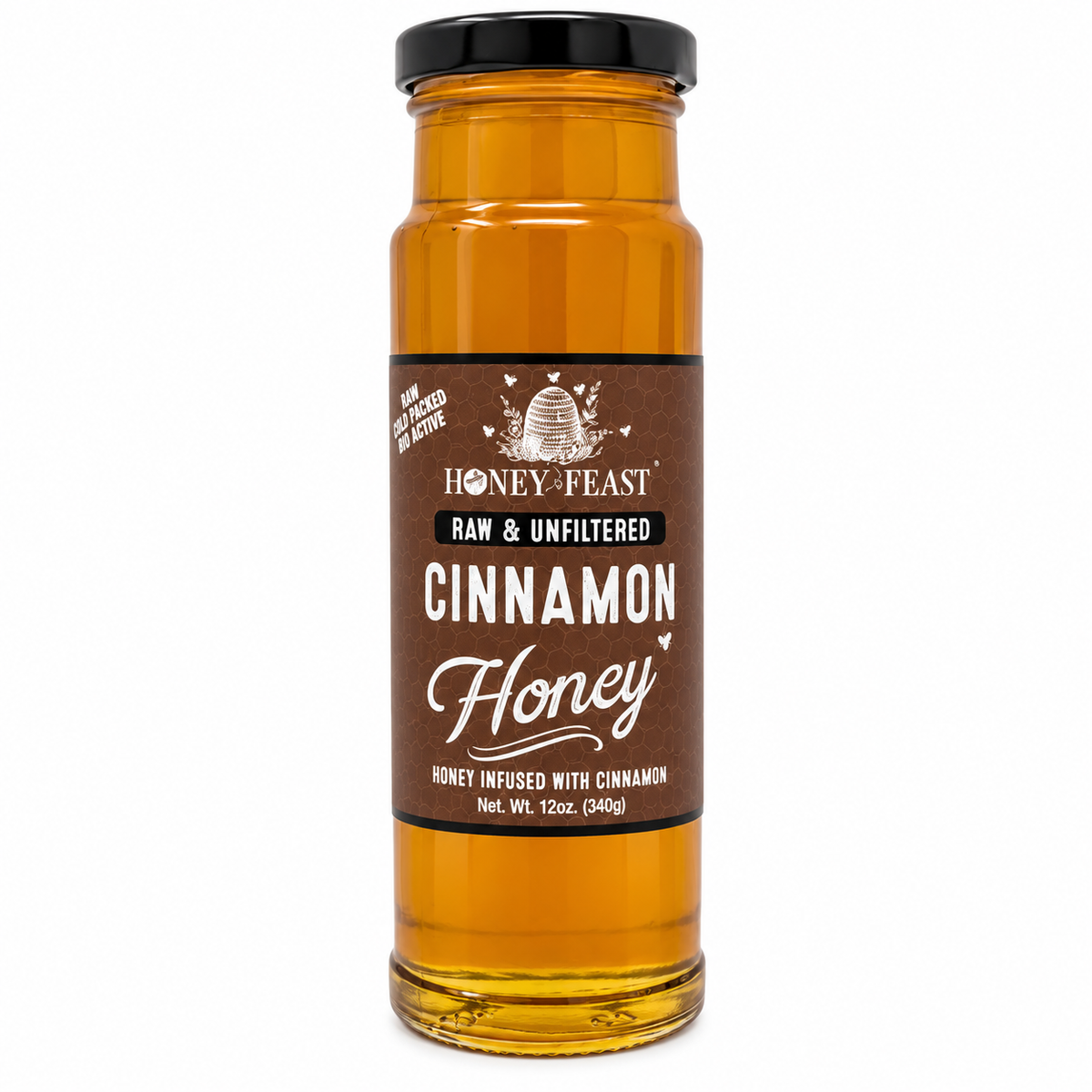 Honey Feast Cinnamon Honey in a 12oz glass jar with black lid