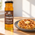 Honey Feast Cinnamon Honey 12oz glass jar served with waffles