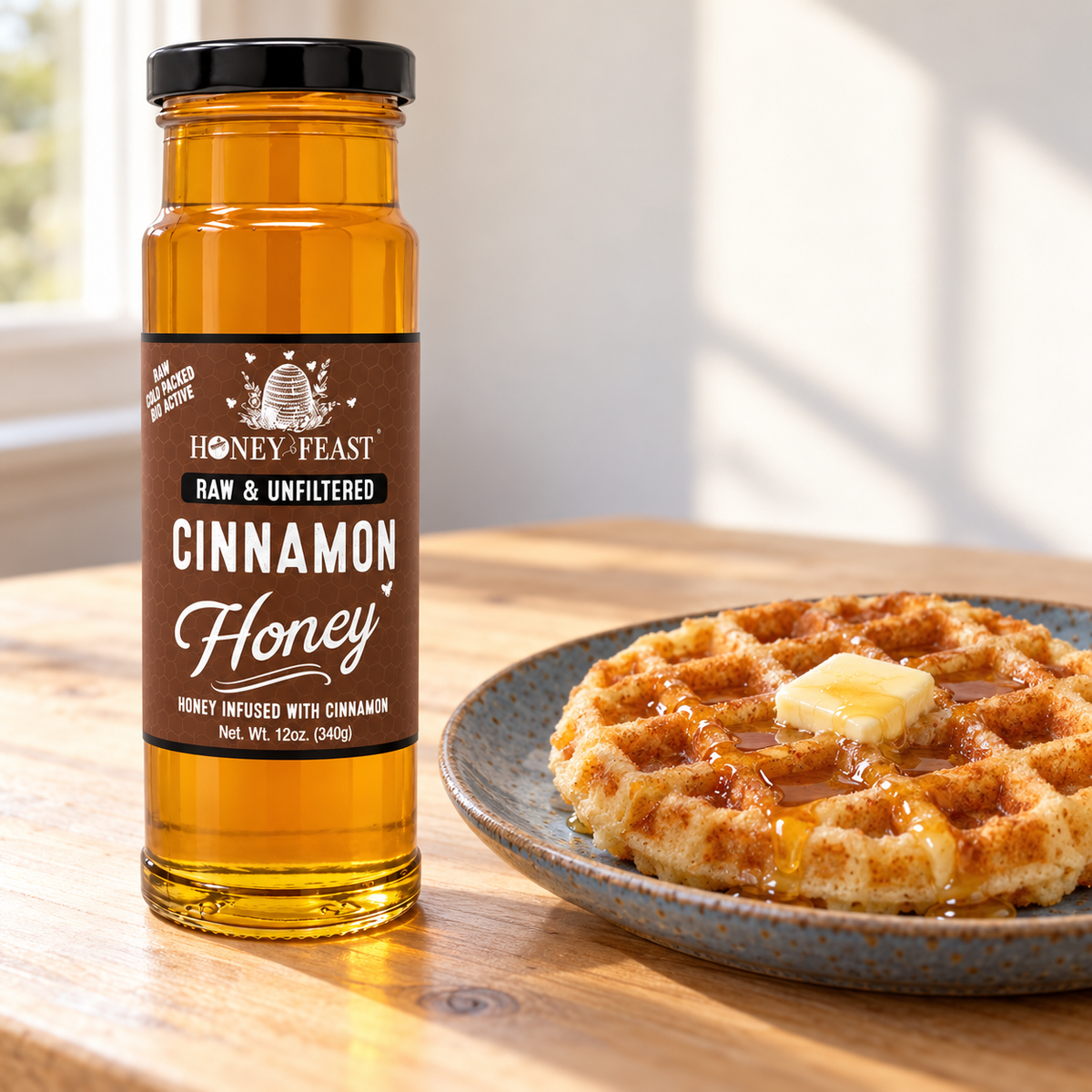 Honey Feast Cinnamon Honey 12oz glass jar served with waffles