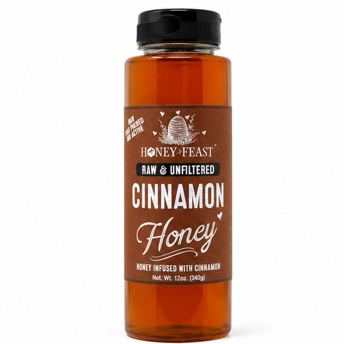 Honey Feast Cinnamon Honey 12oz plastic squeeze bottle on a pure white background