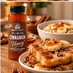 Honey Feast Cinnamon Honey 12oz plastic bottle beside French toast with cinnamon and honey