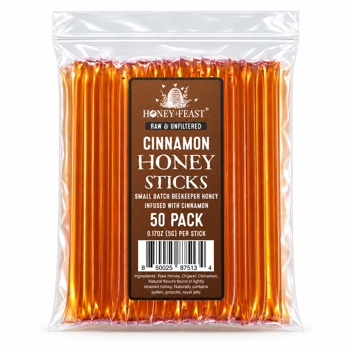 Honey Feast Cinnamon Honey Sticks 50-pack on a pure white background